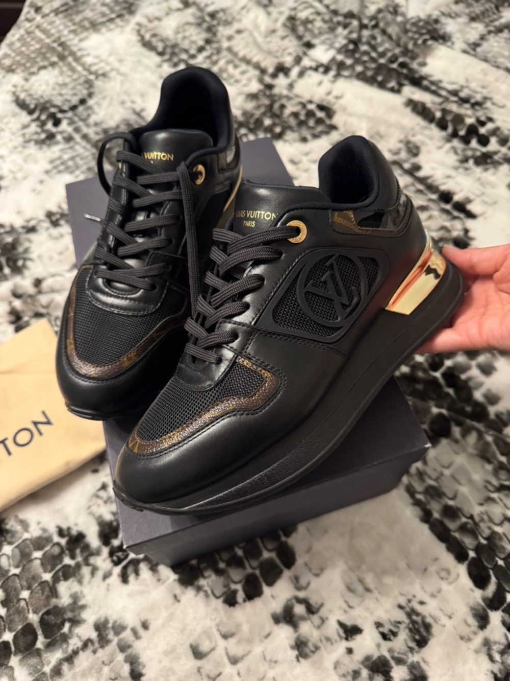 Louis Vuitton Neo Run Away Black Sneakers with Brown Monogram & Gold Hardware 38